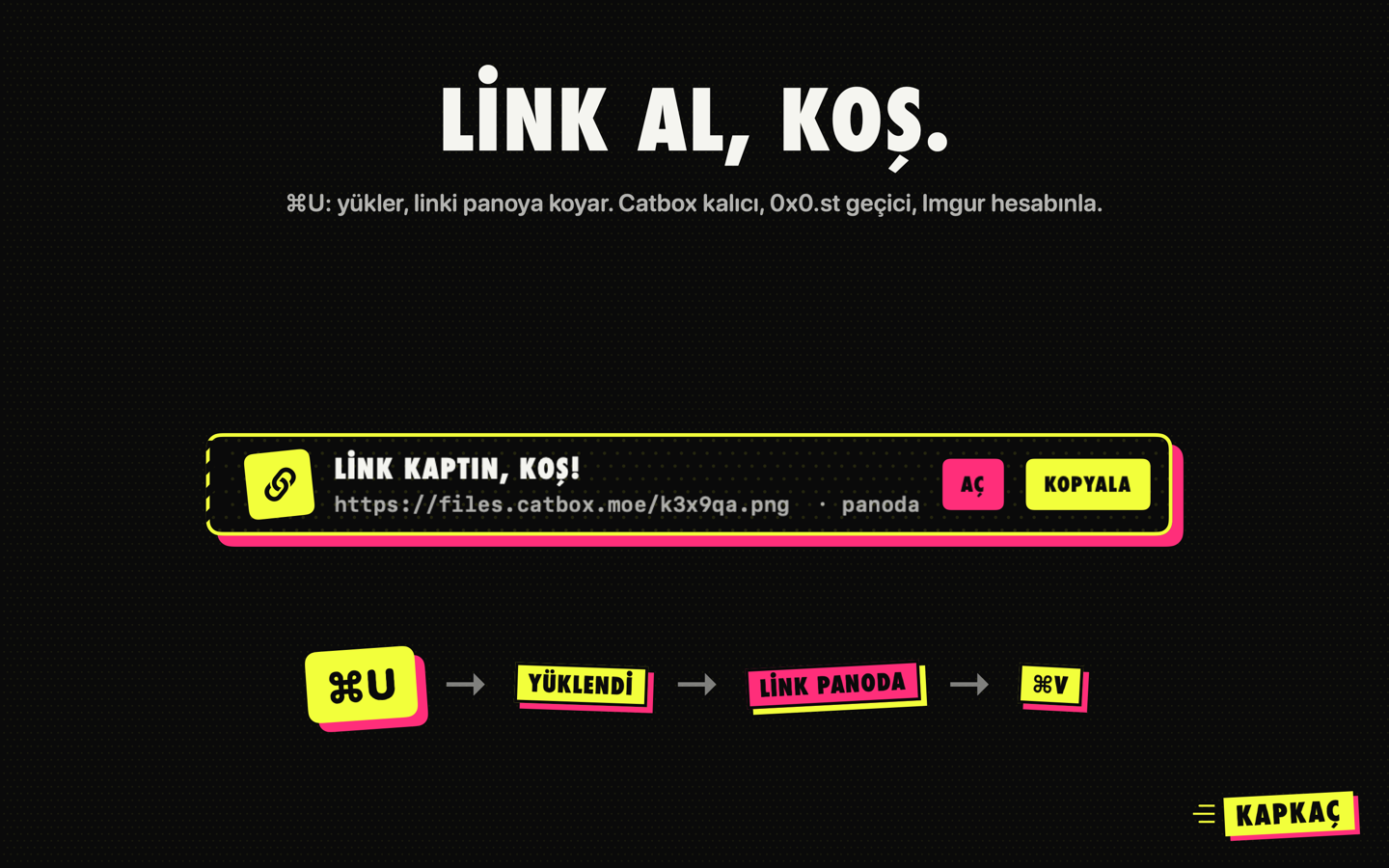Link al, koş: ⌘U ile yükle, link panoda